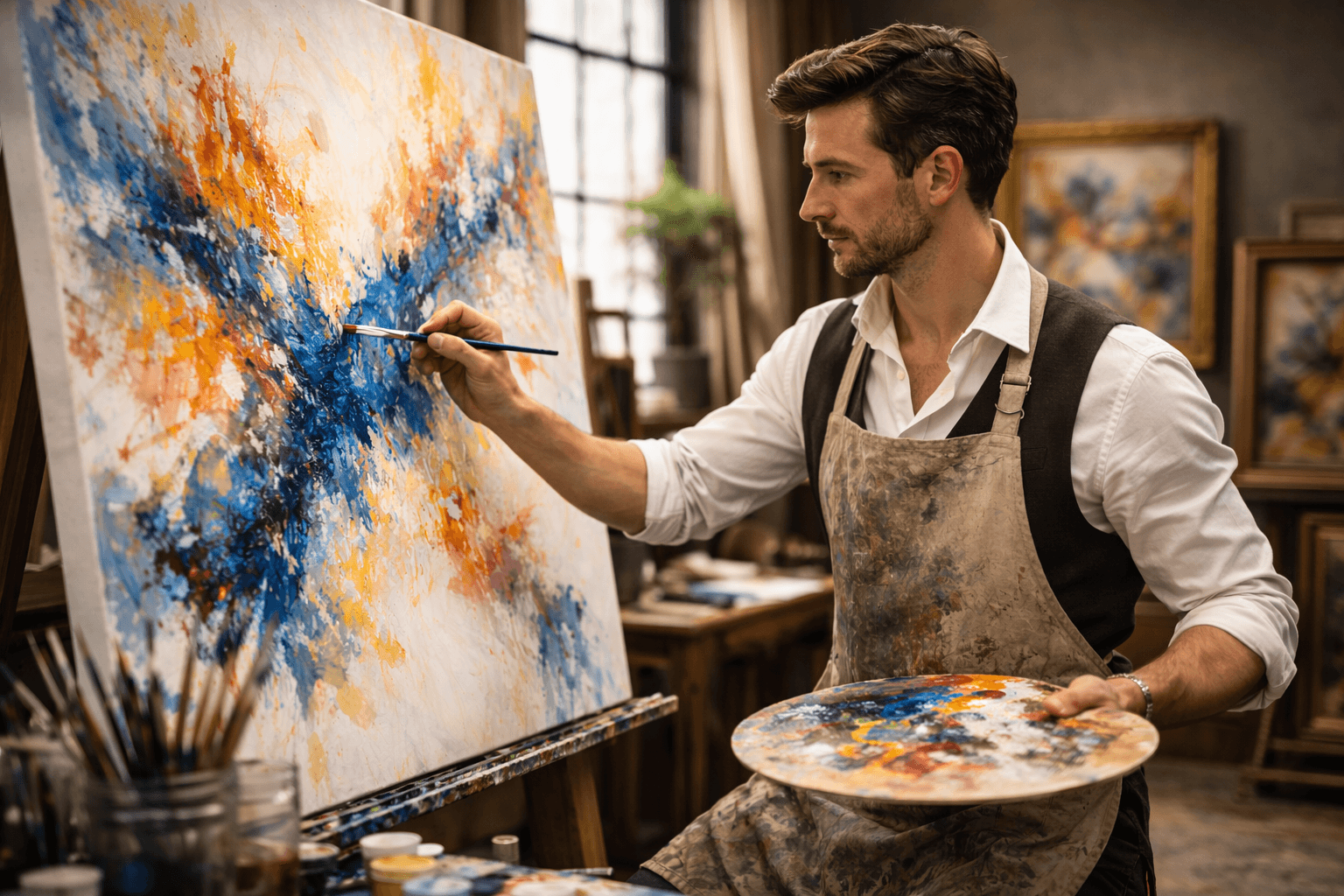 Artist painting a large canvas in studio