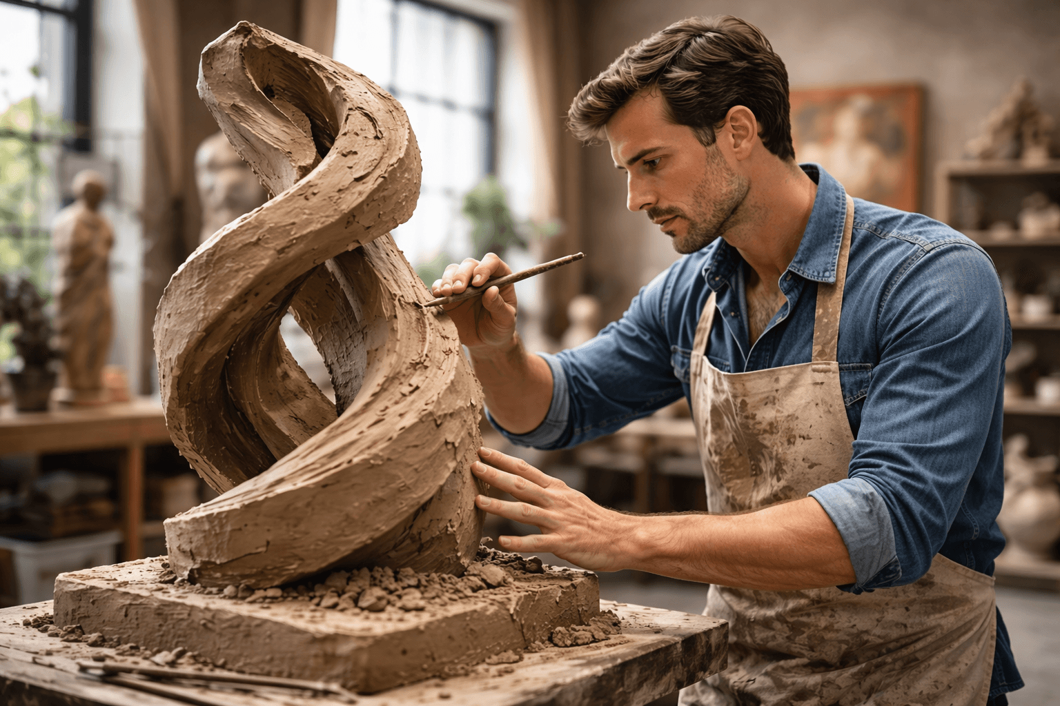 Artist sculpting with clay in a studio